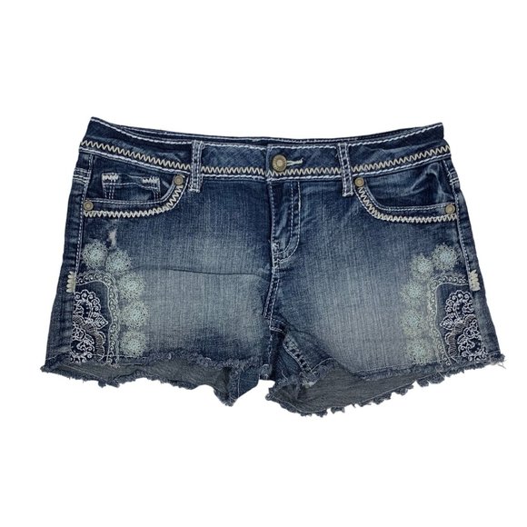 Maurices Bandana Jean Shorts Sz 7/8 Blue Bootie Embroidered Pocket Stretch Short - Picture 13 of 13